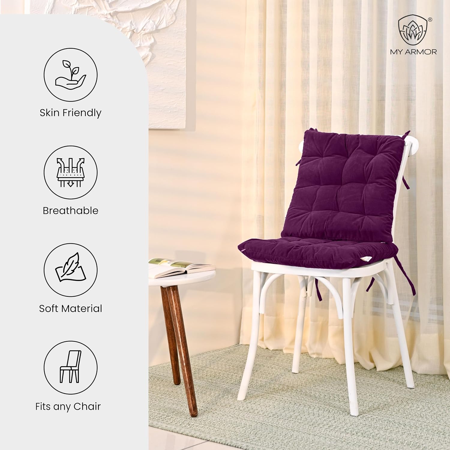 Square Chair Pads Cushion, For Comfortable Sitting, Purple Color - 40 X 40 Cm | Seat Cushions With Ties For Sitting, Pooja, Dining & Office Table | Furniture Cushion, Washable - Pack Of 2