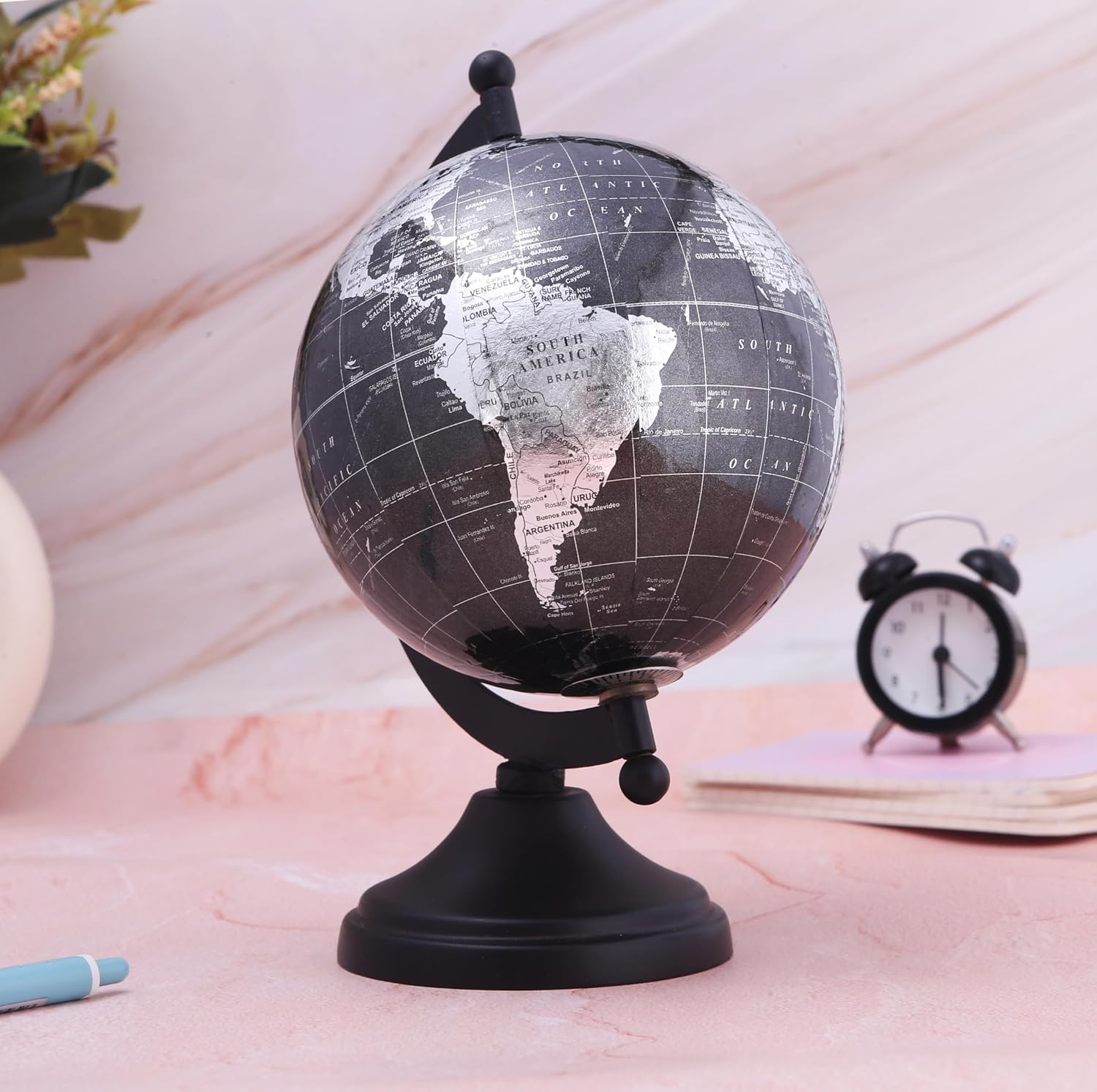 World Globe With Sturdy Metal Stand (Not Plastic) Desktop Globe For Home, Desk Table Office Decor - Book Shelf Decor Globe, 5 Inch, Metallic Black, Pack Of 1