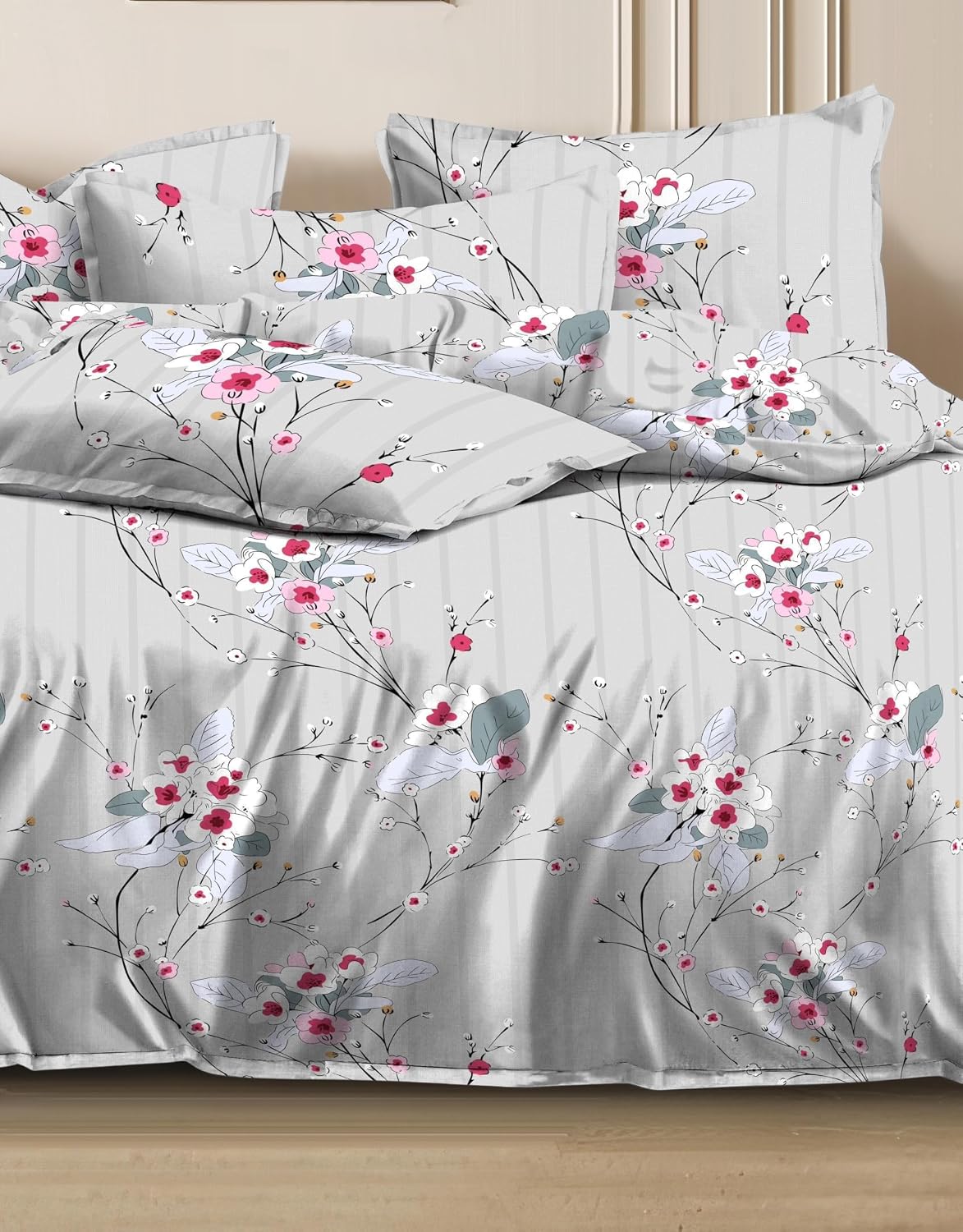 Printed King Size Double Bed Bedsheet With 2 Pillow Cover | 72 X 78 Inches, Grey | All Around Elastic Fitted Bedsheet | Softness & Comfortable Rest In Any Season