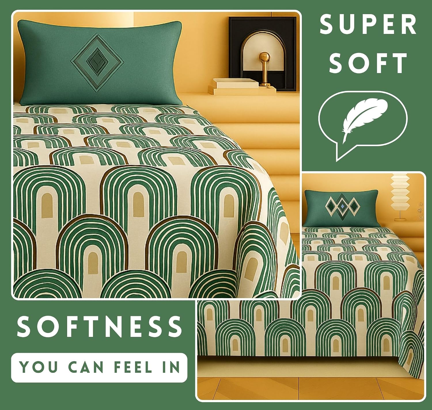 1 Double Bedsheet With Two Pillow Covers - 90 X 94 Inches, Green & Ivory | 300 Thread Count Super Soft Bed Sheet For King Size Bed