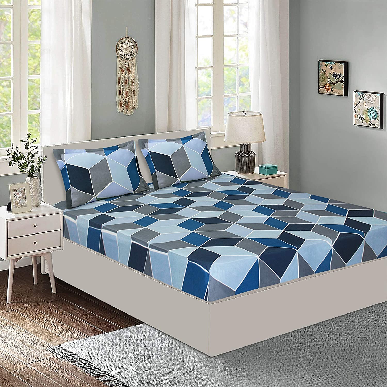 Glace Cotton Elastic Fitted Printed Double Bed King Size Bedsheet With 2 Pillow Cover | 72 X 72 Inches, Blue & Grey - Wrinkle Resistant, Breathable Bedsheet