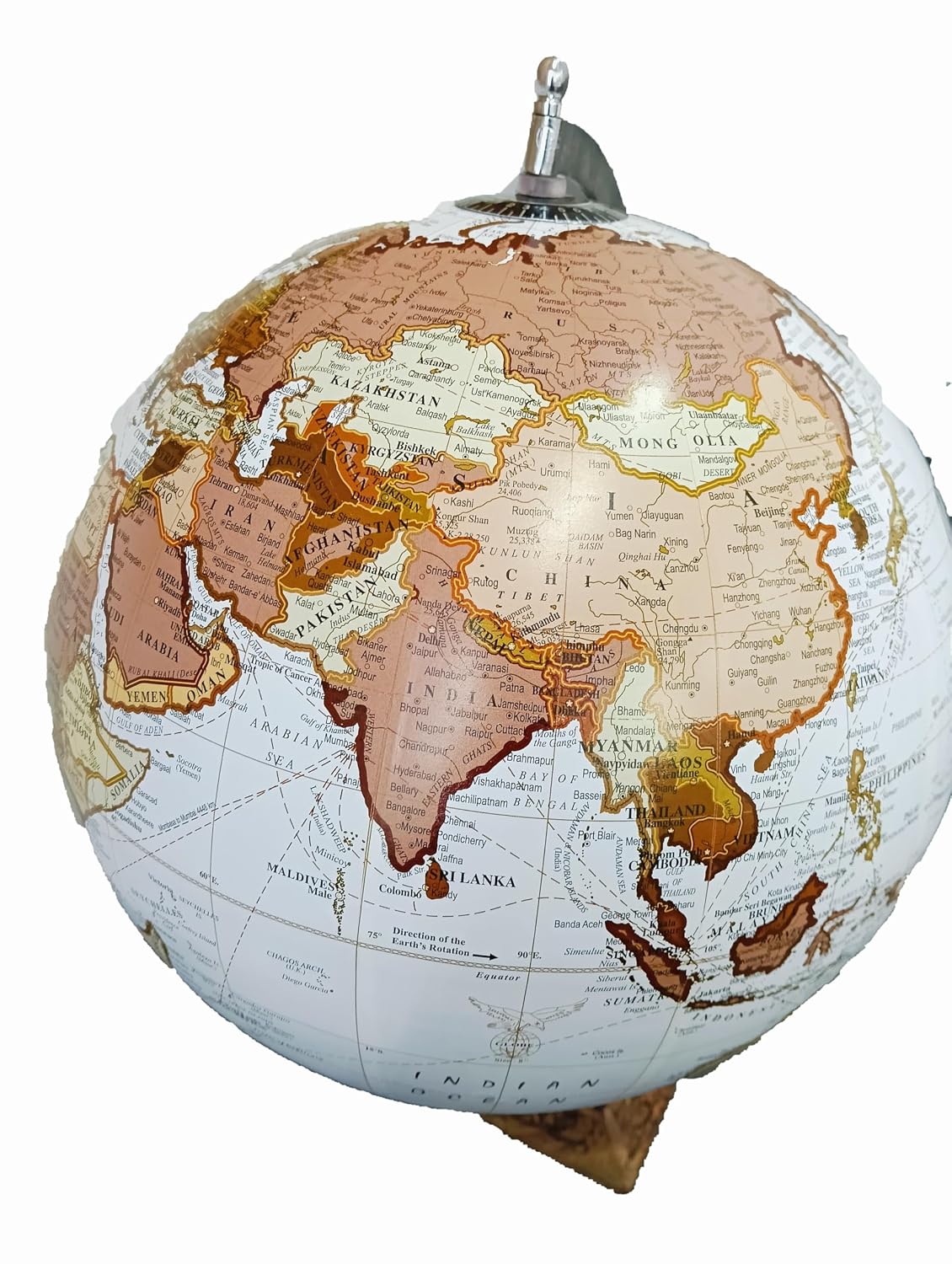 Rotating World Globe 12 Inch With Gold Arc & Wooden Stand For Show Piece For Home, Office, Study Table Decor, Birthday, Party Gifts For Students, White, Pack Of 1