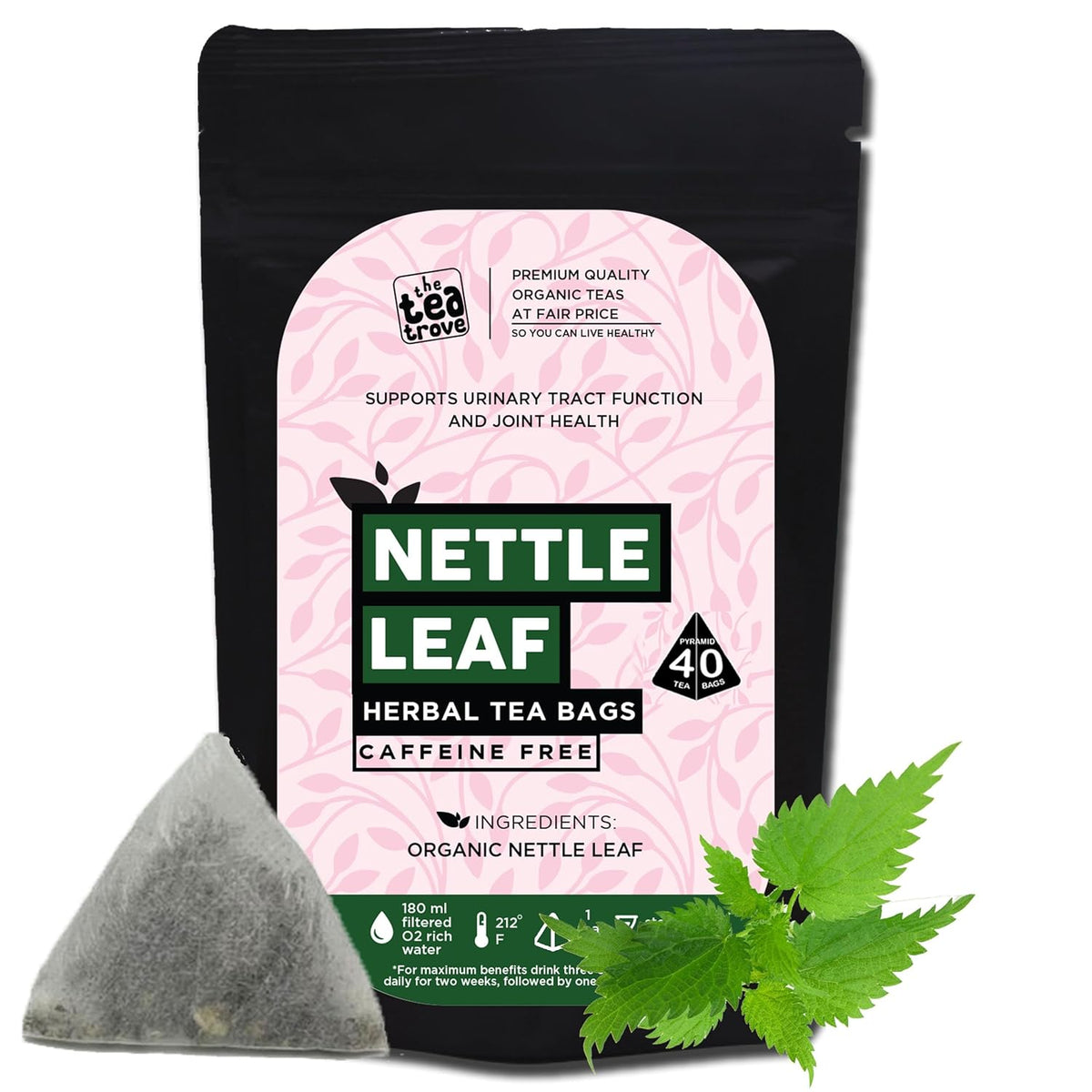 The Tea Trove Organic Nettle Leaf Herbal Tea Bags In Resealable Pouch - 40 Pyramid Tea Bags | Environmentally Friendly Packaging - Eco Friendly, Caffeine Free