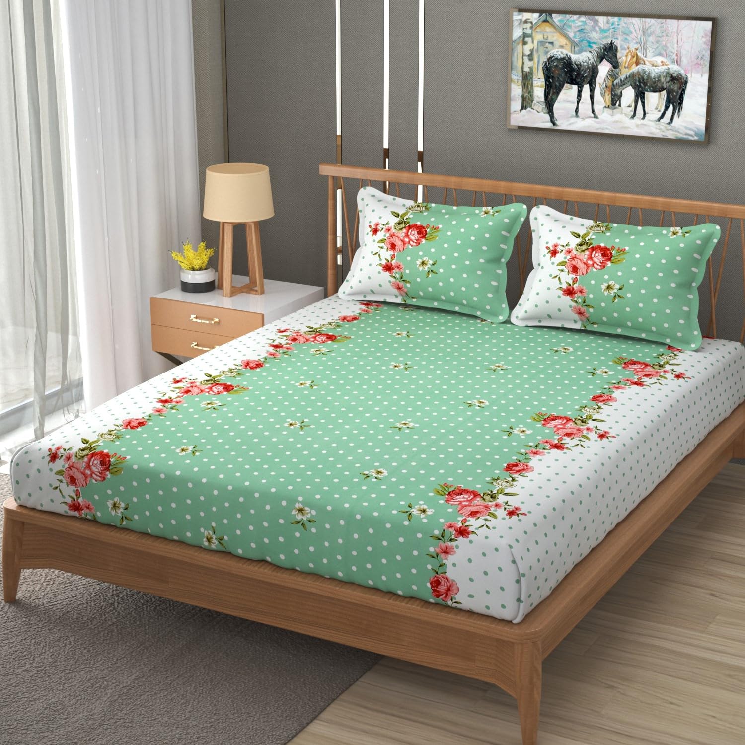 Premium Heavy Cotton Elastic Fitted King Size Bedsheet With 2 Pillow Covers - 72 X 78 X 10 Inches, Green & White | All Weather Comfort & Bedroom