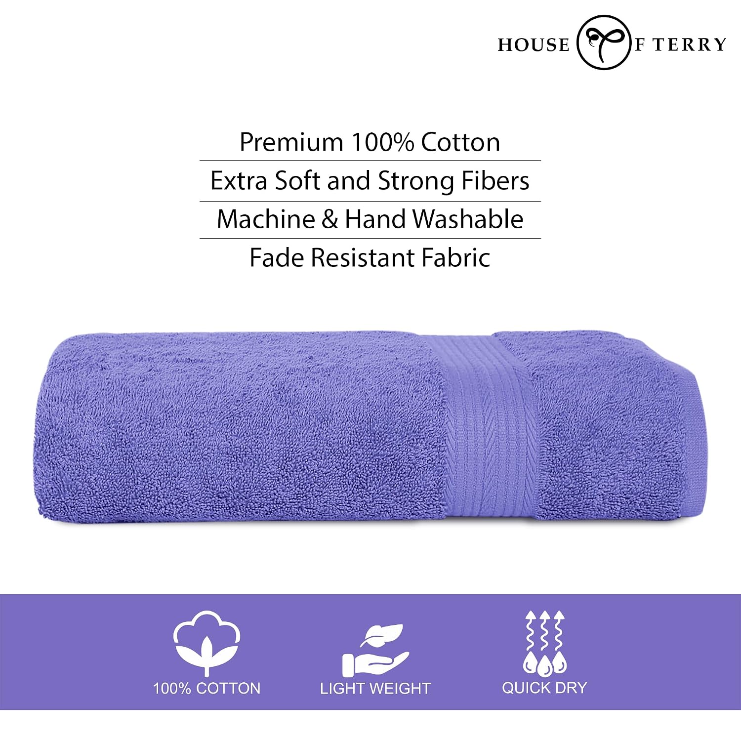 House Of Terry 100% Cotton Bath Towel 1000 Gsm | Quick Dry, Soft & Absorbent, Fade-Resistant, Skin-Friendly, For Men & Women Towel (Lilac) - Pack Of 2