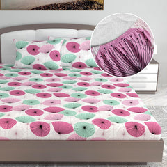 Printed King Size Double Bedsheet With 2 Pillow Cover For Bedroom | 72 X 78 + 9 Inches, Pink & White - All Around Elastic Fitted | Ideal For Everyday Use