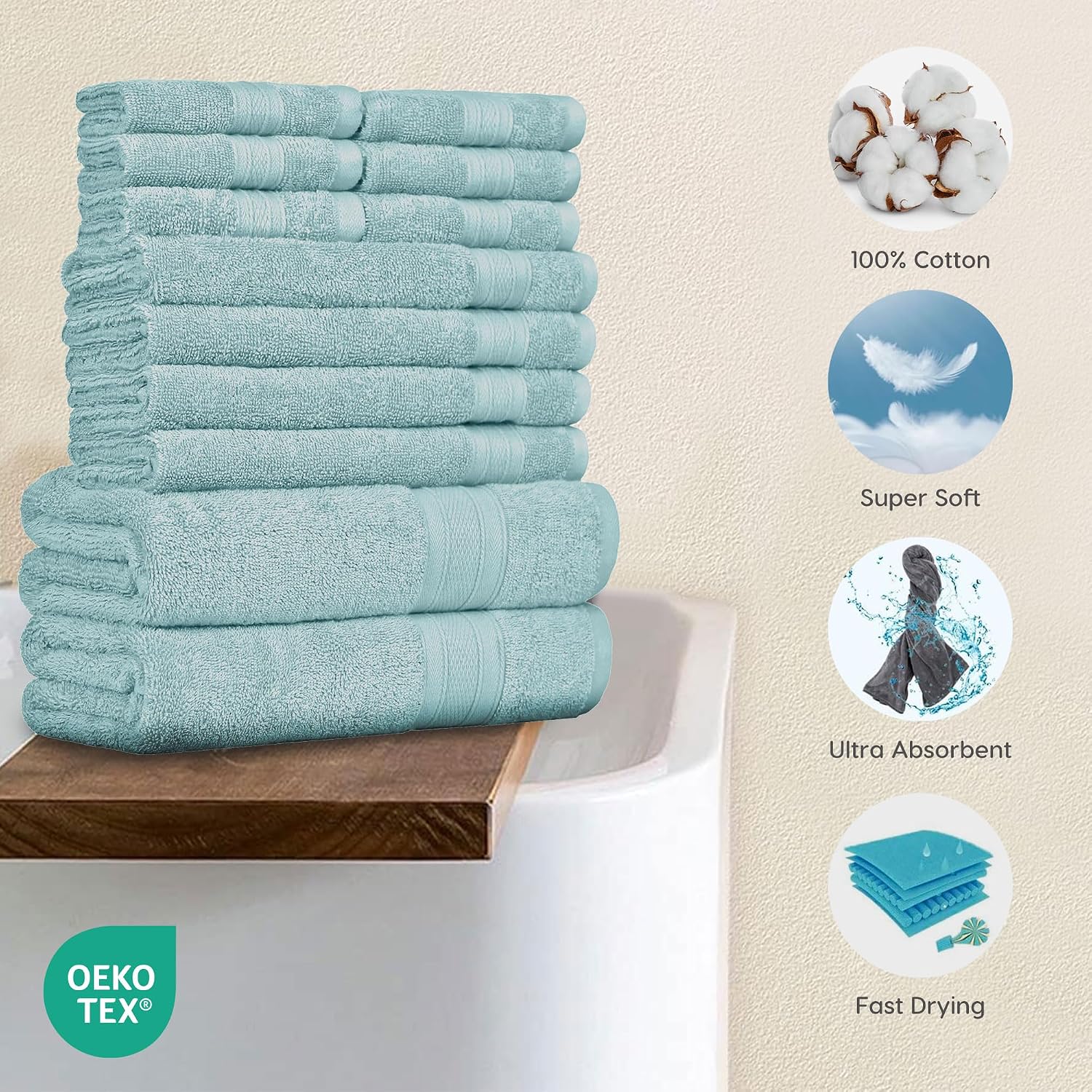 Trident Soft Comfort Air Rich Bath Towels 500 Gsm | 100% Cotton Towel, Super Soft, Highly Absorbent 12 Pieces Towel Set (Nile Blue)