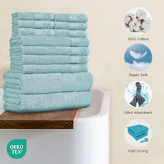 Trident Soft Comfort Air Rich Bath Towels 500 Gsm | 100% Cotton Towel, Super Soft, Highly Absorbent 12 Pieces Towel Set (Nile Blue)
