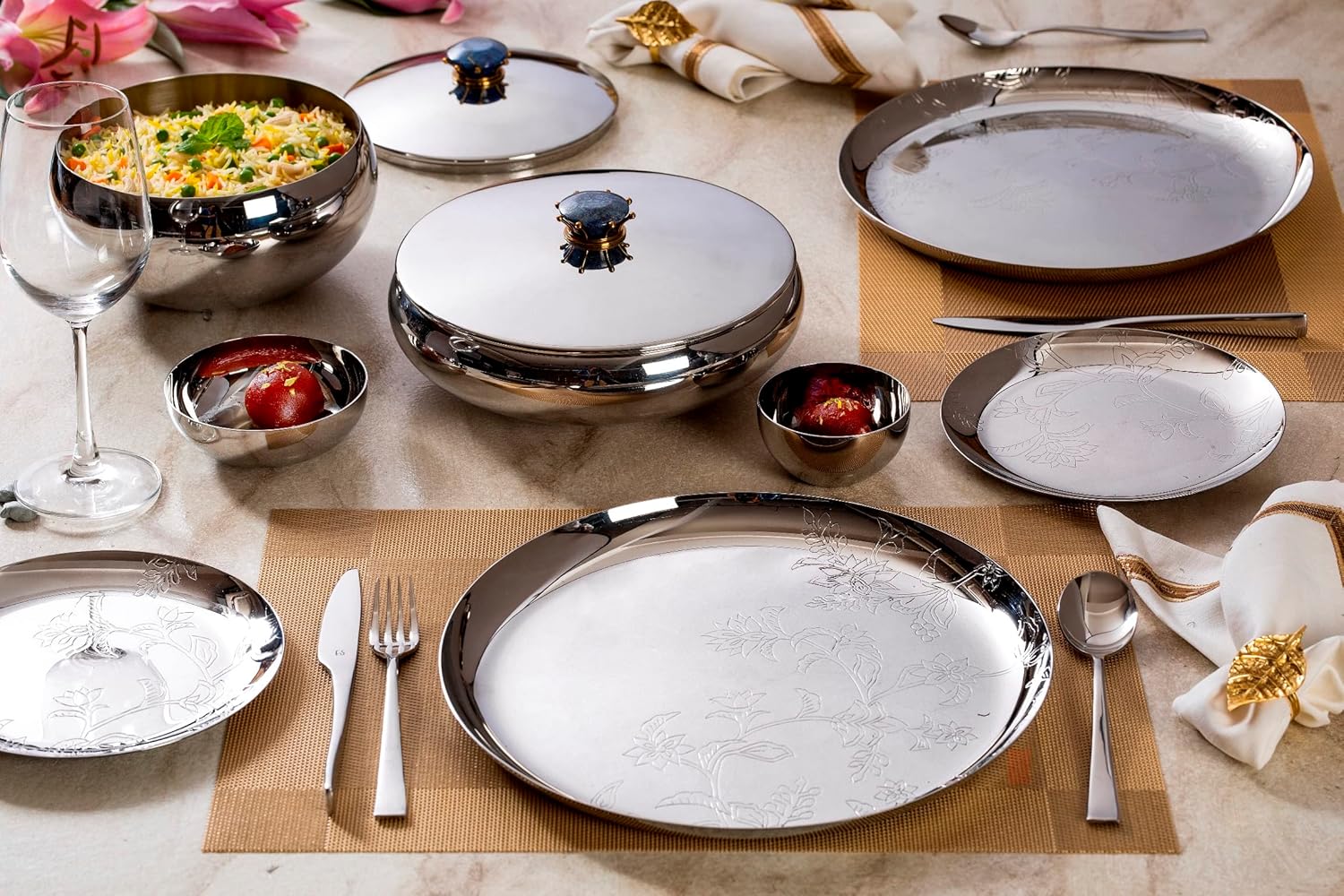 Silver Stainless Steel Bowl With Lid - Medium, Royal Lapiz Series | Storing & Serving Bowl - Lapis Lazuli Stone Lid | Serve Ware, Dinnerware & Tableware