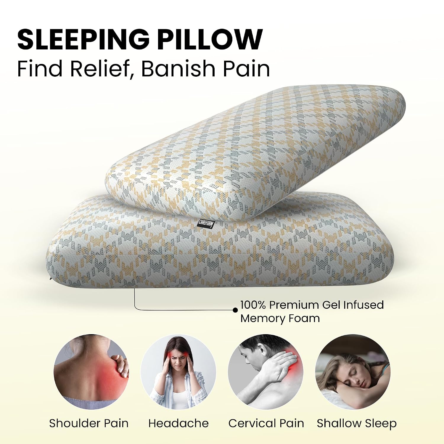 Ventilated Cooling Gel Memory Foam Pillow, Orthopedic Pillow, Thin Size - 26x16x4 Inch | Mustard & Grey, Bed Pillow, For Sleeping & Neck Pain Relief With Removable Zipper Cover - Pack Of 2