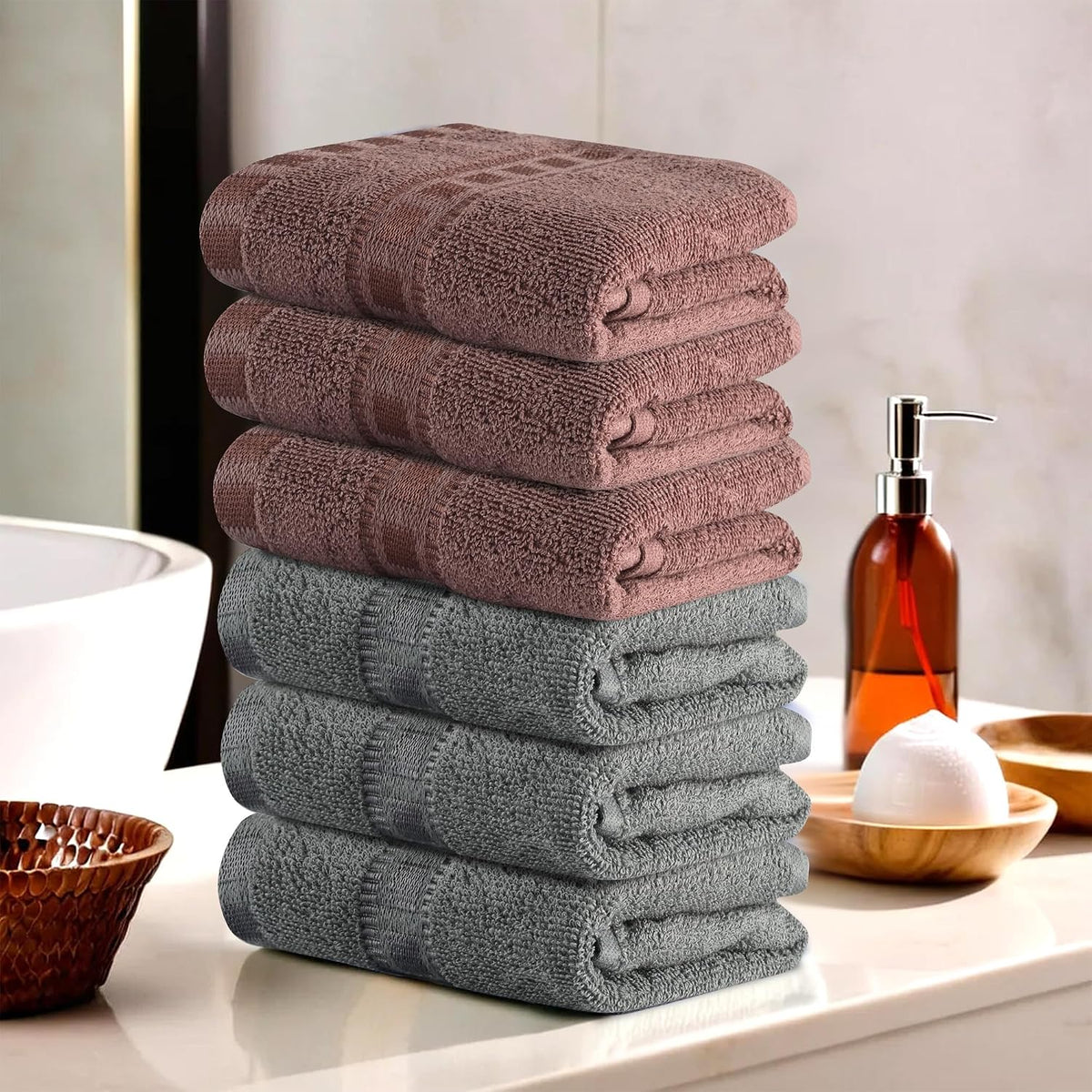 Heart Home Cotton Hand & Face Towels 1200 Gsm | For Men & Women Easily Washable Workout Gym Towel - Grey & Brown (Pack Of 6)