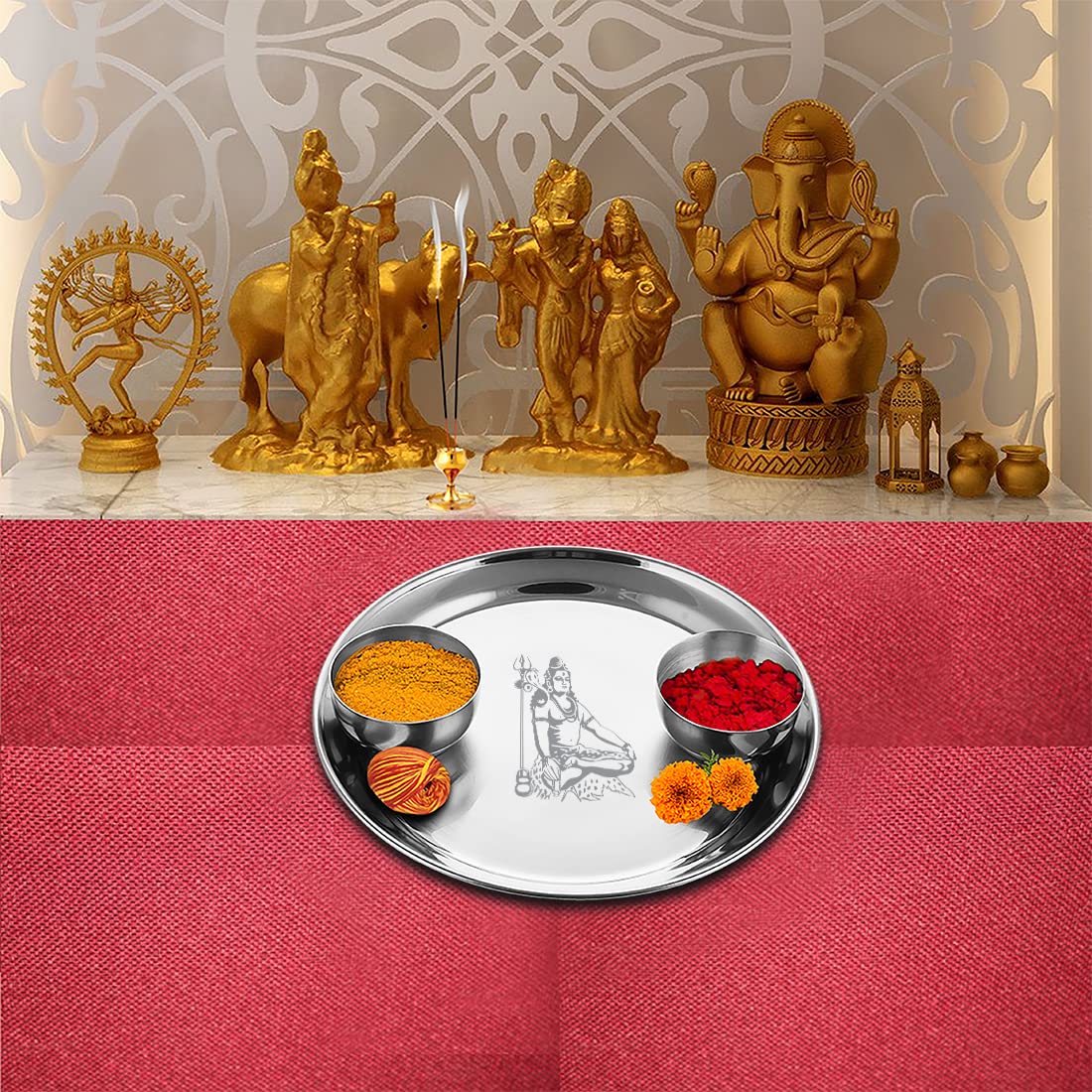 Stainless Steel Shiv Ji Pooja Thali Set Of 3, Silver | 1 Pooja Thali+ 2 Katoris - Easy To Clean & Dishwasher Safe