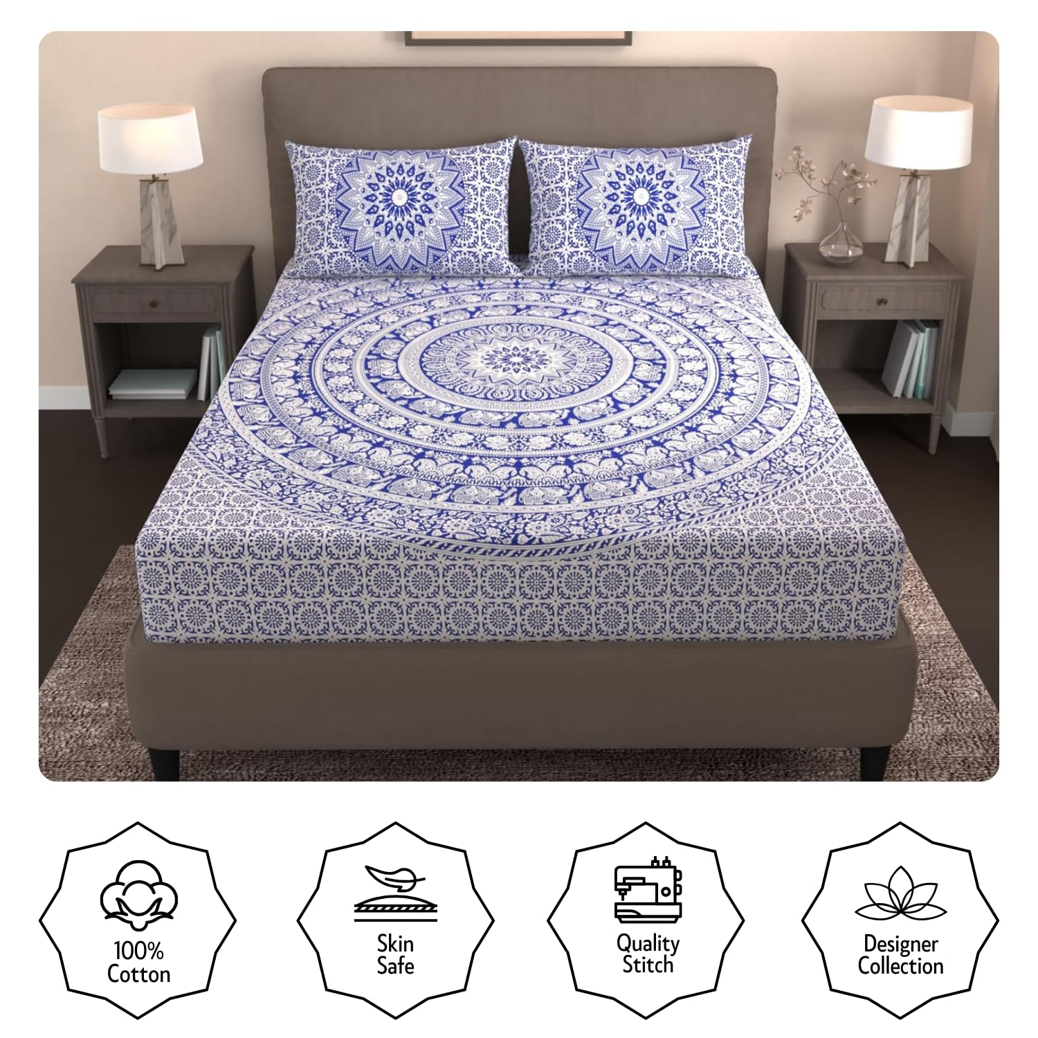 Printed Double Bedsheet For Queen Size With 2 Matching Pillow Cover | Size 90 X 100 Inches, Blue & White - Handloom Cotton Bedsheets For Double Bed | Soft & Smooth
