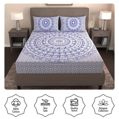 Printed Double Bedsheet For Queen Size With 2 Matching Pillow Cover | Size 90 X 100 Inches, Blue & White - Handloom Cotton Bedsheets For Double Bed | Soft & Smooth