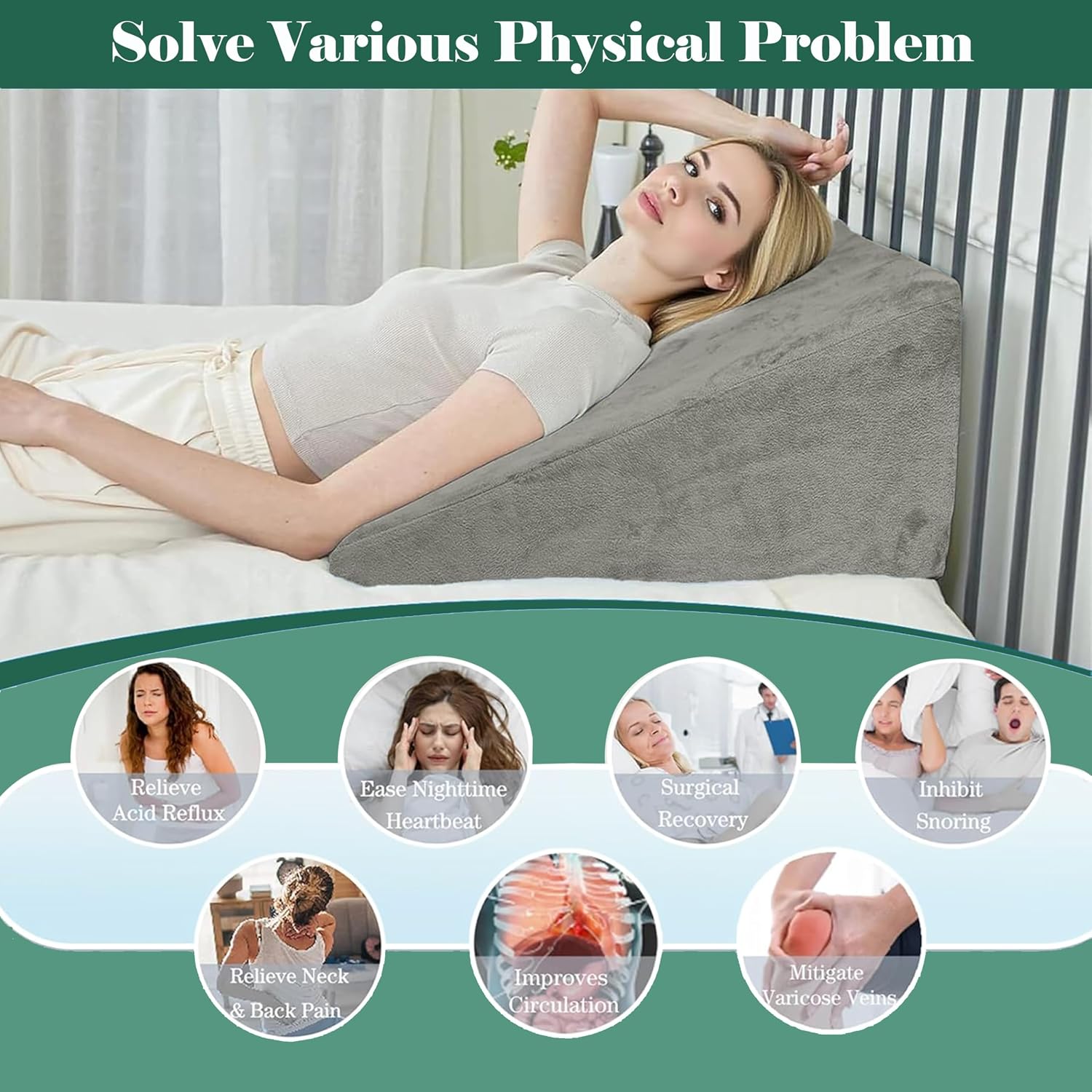 Wedge Pillow, Back Support Pillow For Neck Pain, Medium Firm, Grey Color | Pillow For Headaches, Reflux, Shoulders, Back Pain & High Resilience, Velvet Fabric, Adjustable Pillow - Pack Of 1