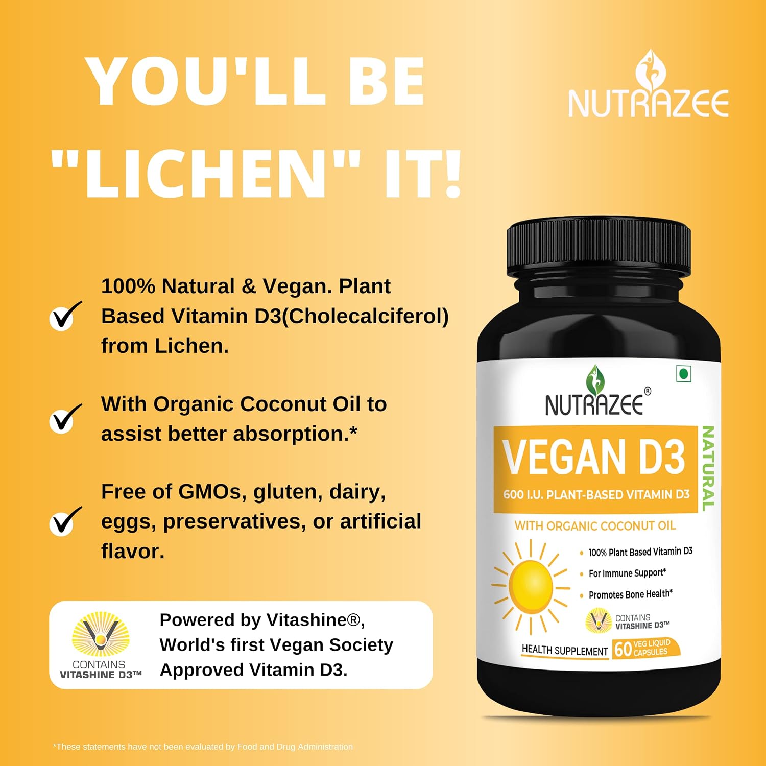 Nutrazee Vegan Vitamin D3 Supplement For Men & Women, Cholecalciferol, Plant Based Natural From Lichen With Organic Coconut Oil, Joint & Muscles Health | 60 Capsules , 100gm 0.2lbs