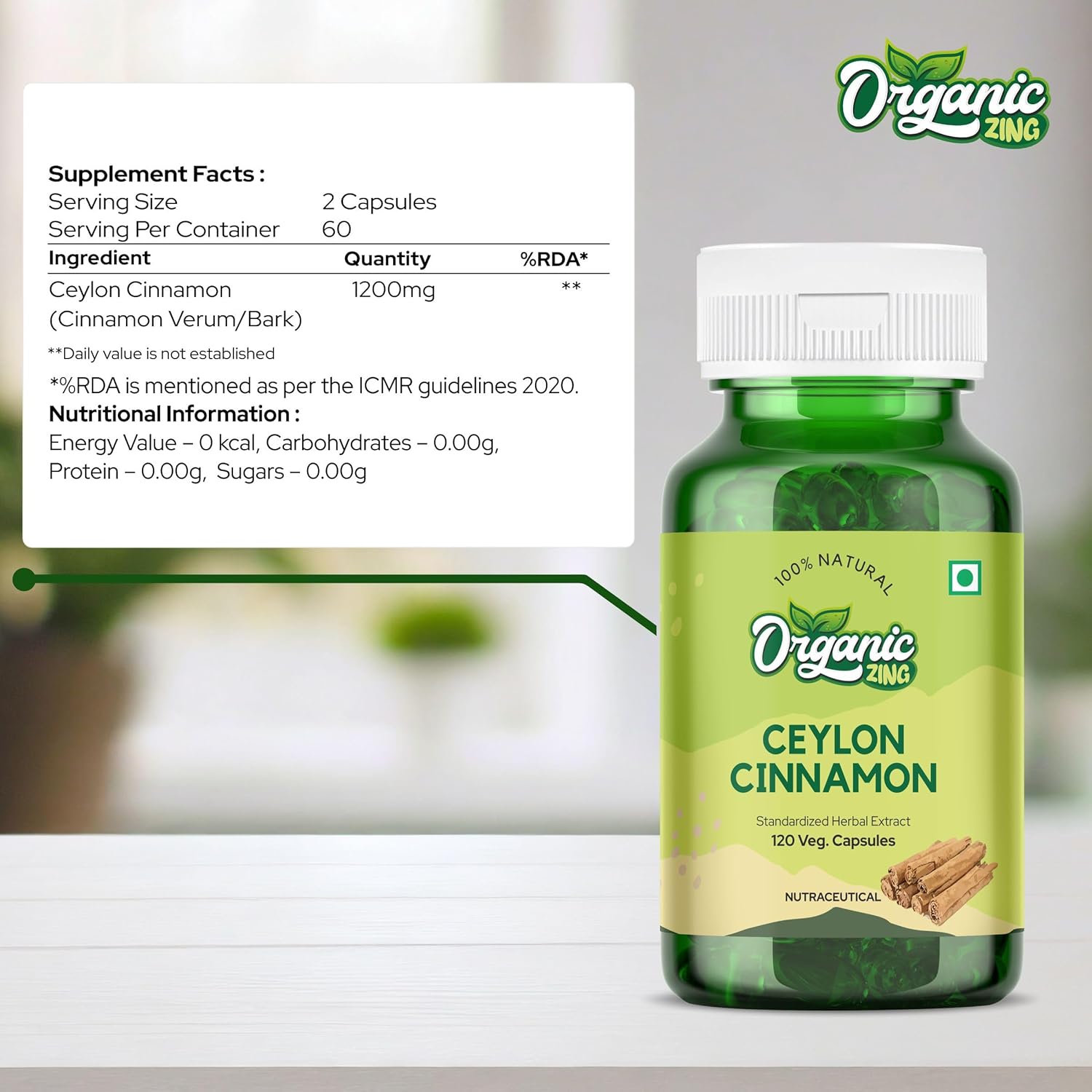 Organic Zing Ceylon Cinnamon Supplement Pills Usda Certified 1200mg, Contributes To Overall Well - Being & Overall Comfort | 120 Capsules 200gm 0.4lbs
