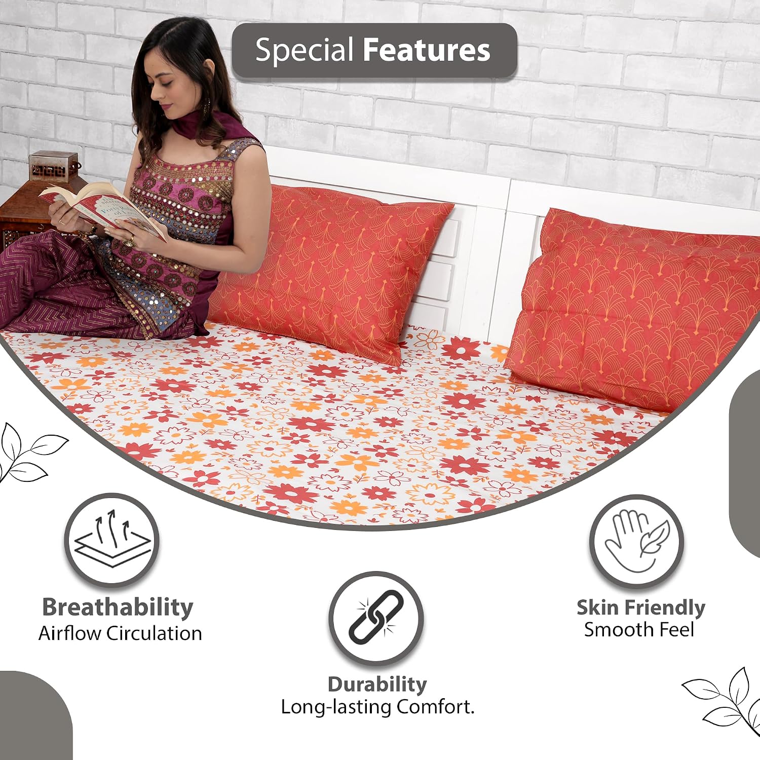 Soft Cotton Double Bedsheet With 2 Pillow Covers | 87 X 100 Inches, Rust & White - Soft & Breathable Fabric | Comfortable For Daily Use