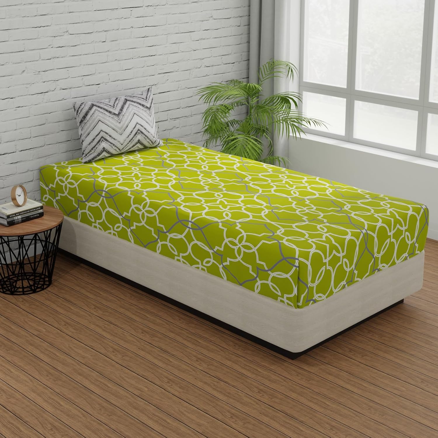 1 Single Bedsheet Cotton With 1 Pillow Covers - 55 X 88 Inches, Green & Grey | Long Lasting Softness & Light Weight | Machine Wash In Cold Water