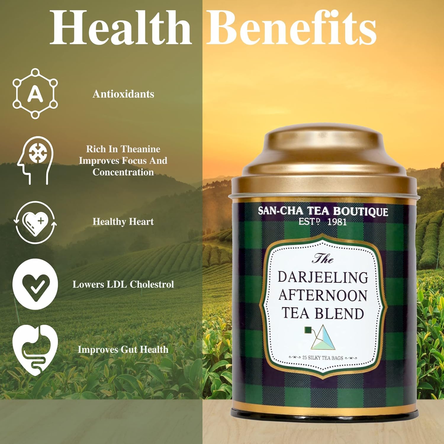 San-Cha The Darjeeling Afternoon Tea Blend - 25 Silky Tea Bags | Light Bodied Tea With Floral Notes - Rich Flavor Whole Leaf Assam Tea | Medium Caffeine Loose Tea Leaf