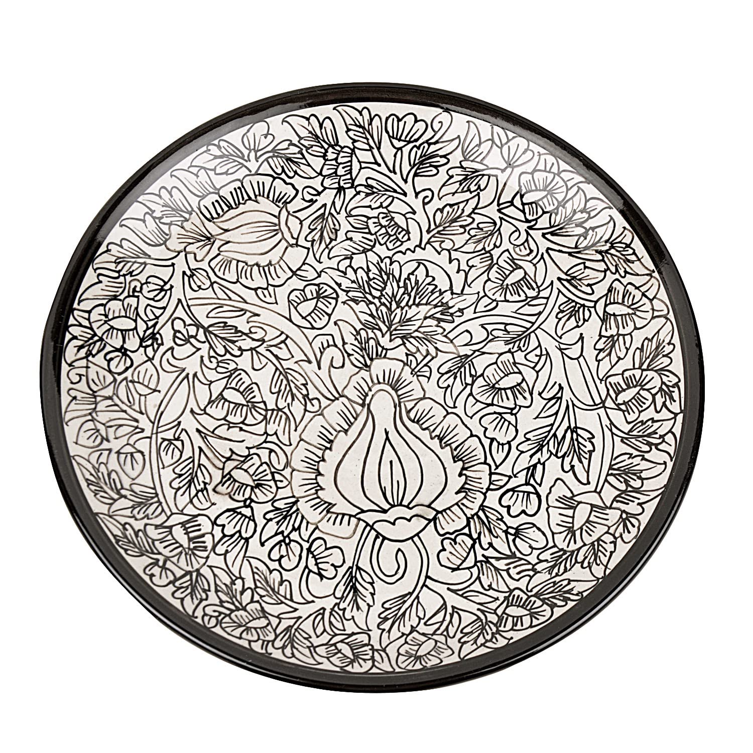 Hand Painted Ceramic Dinner Serving Plates Set Of 2 - Off White & Black, 25 Cm | Full Plates - Ceramic Platter - Kalamkari Collection