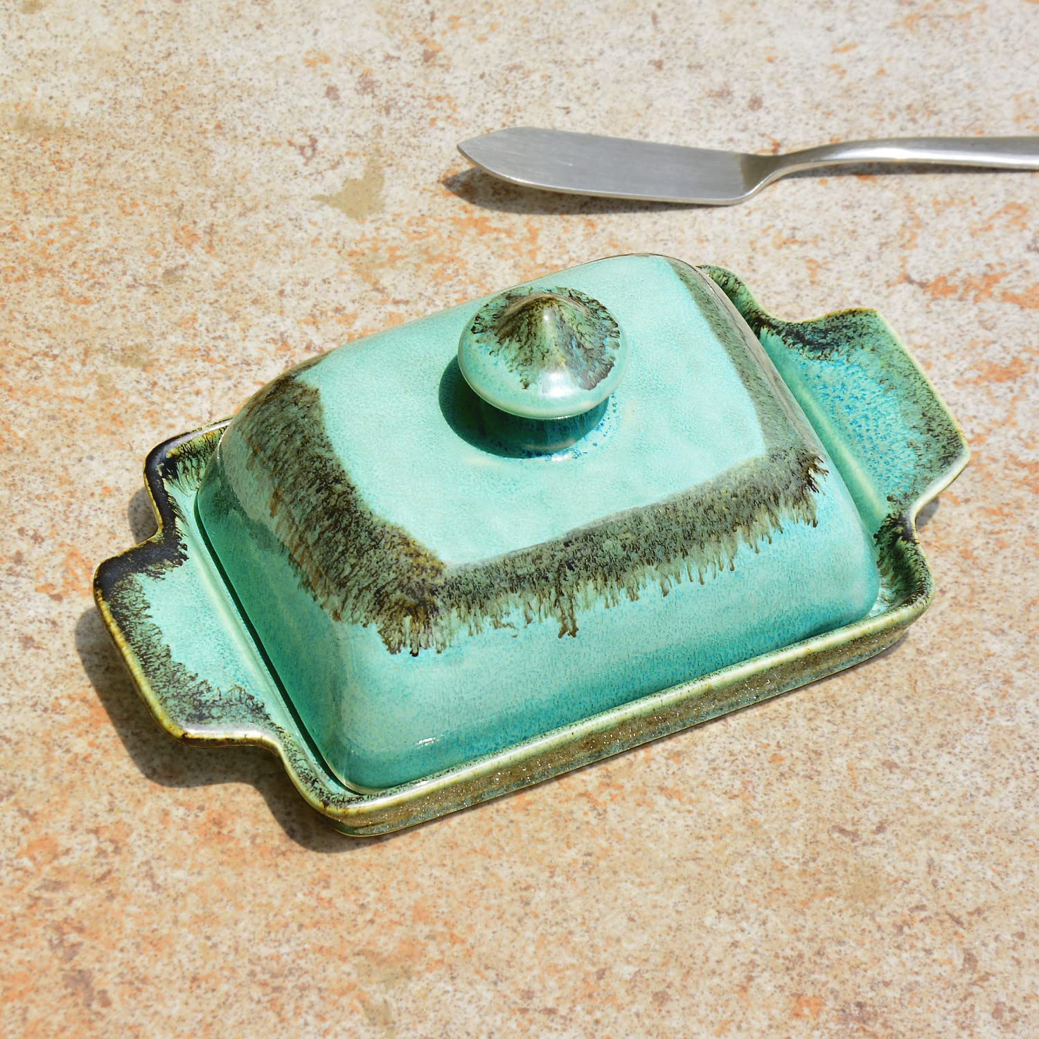 Studio Pottery Ceramic Butter Dish With Lid - Sea Green, Height: 8 Cm | Butter Pot - Butter Container For 500 Gm