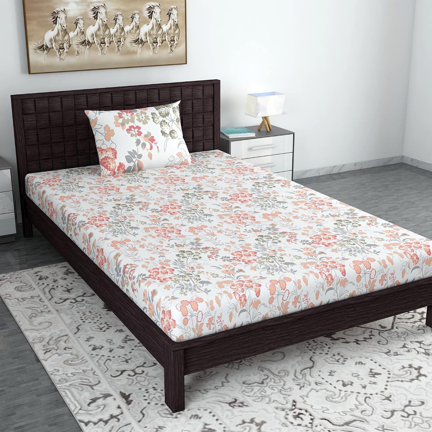 Single Bedsheet With 1 Pillow Cover - 57 X 87 Inches, White & Peach | Designer Printed Bedsheet Set - Naturally Soft, Breathable & Skin Friendly