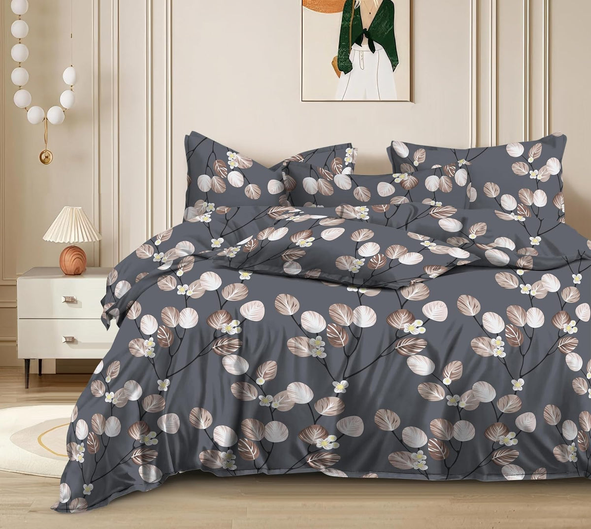 Printed King Size Double Bed Bedsheet With 2 Pillow Cover | 72 X 78 Inches, Grey | All Around Elastic Fitted Bedsheet | Softness & Comfortable Rest In Any Season