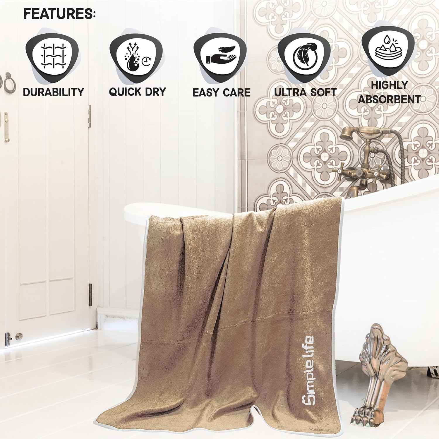 Housse Premium Soft Microfiber Embroidery Bath Towel 350 Gsm | Soft Absorbent Quick-Drying Sweat Towel (Simple Life - Brown)