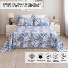 Cotton Flat Bedsheet For Queen Size Bed With Two Pillow Covers - 90 X 100 Inches, Blue & White | Practical & Durable Choice For Everyday Use Bedsheet