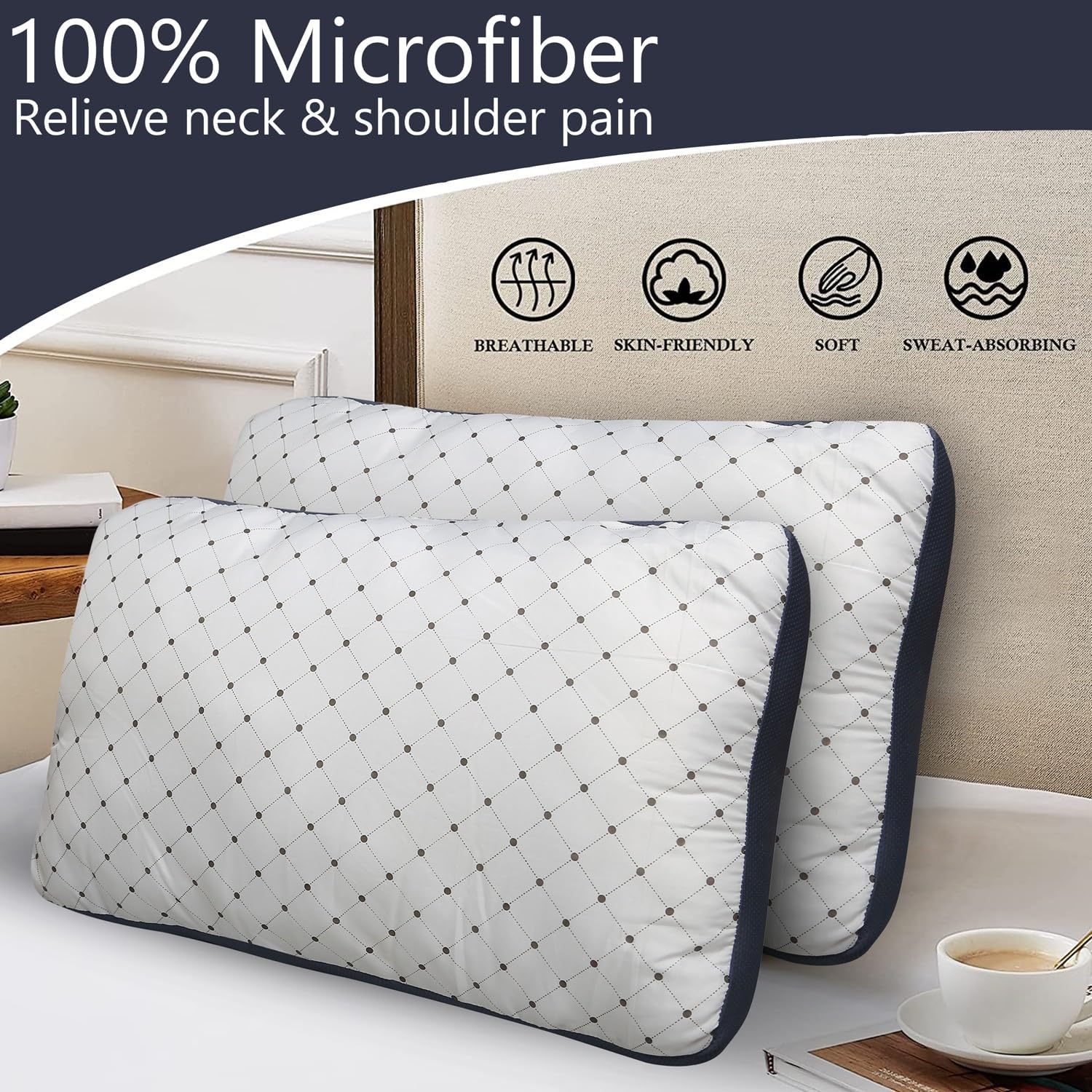 Premium Hotel Quality Soft Polyester Blend Fiber Pillow, Grey-White - 17x27 Inch | Standard Size, Neck Support, Washable, Removable Cover | Bed Pillow, Comfortable Pillow - Set Of 2