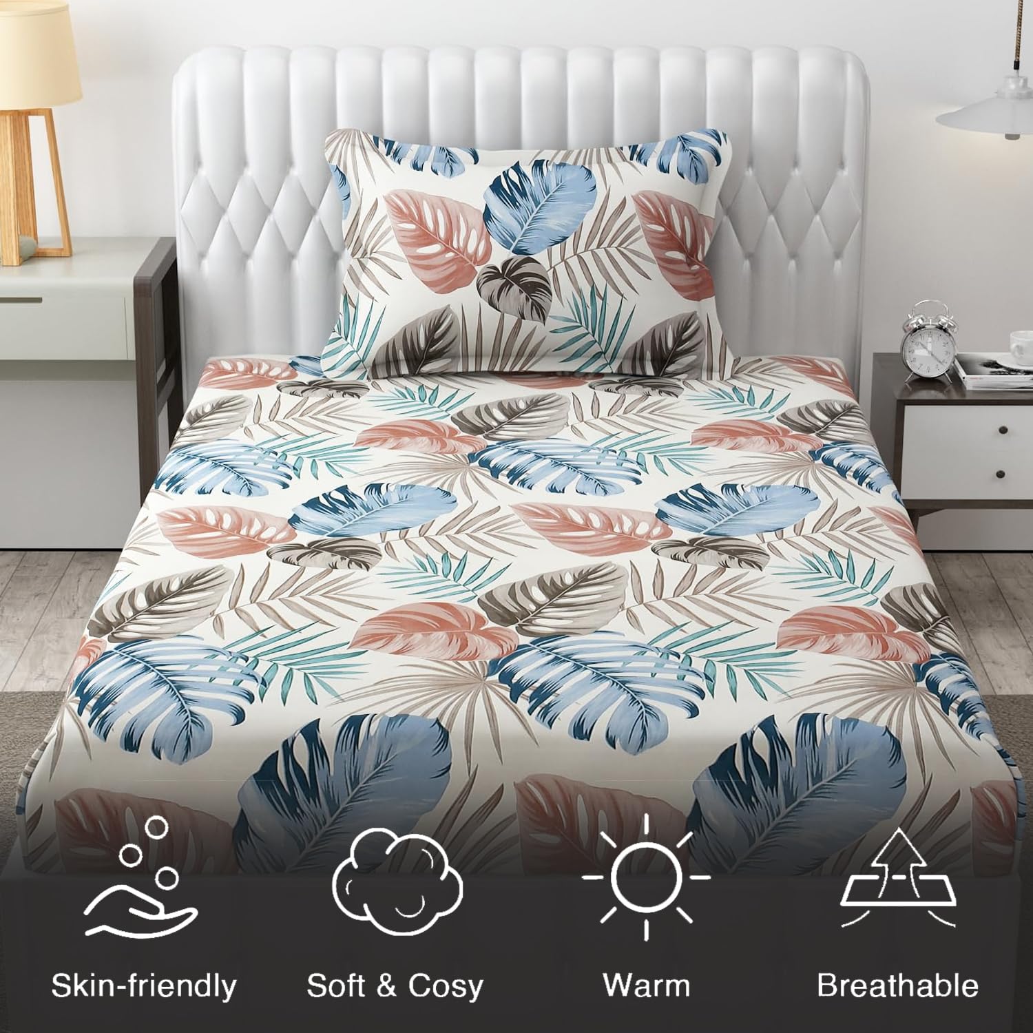 Microfiber Single Bedsheet Set With 1 Pillow Covers (60 X 90 Inches) White & Grey | Durable & Long-Lasting | 144 Thread Count | Wrinkle Free