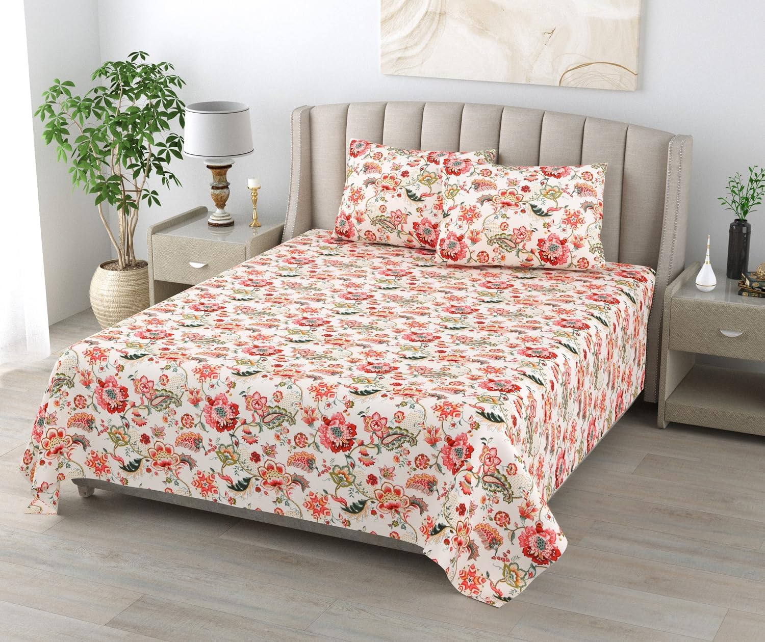 Jaipuri Cotton Bedsheet For King Size With 2 Pillow Covers | 93 X 108 Inches, White & Red | Ultra-Soft & Skin-Safe | Breathable Summer Comfort