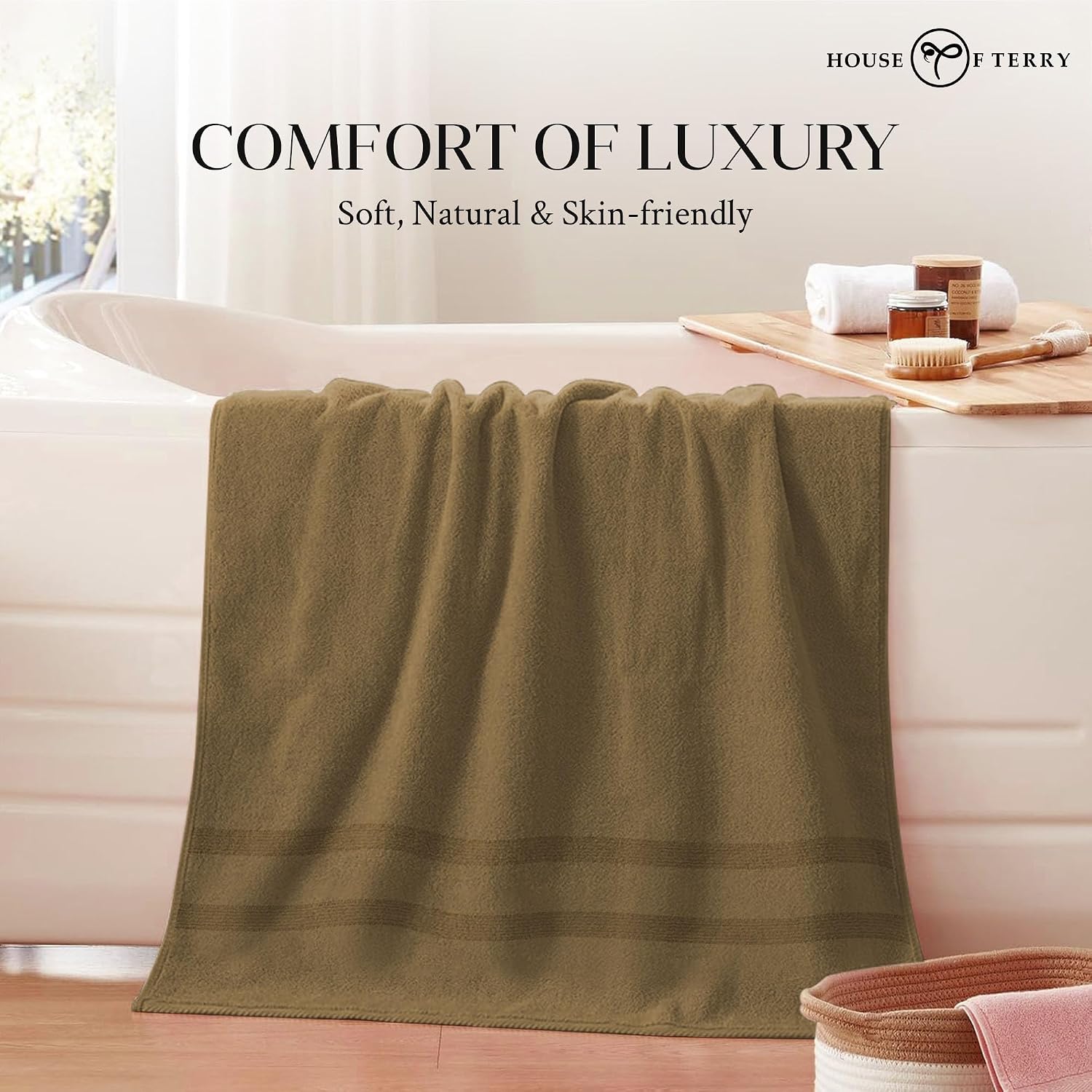 House Of Terry 100% Cotton Bath Towel 900 Gsm | Quick Dry, Fade-Resistant, Soft, Lightweight & Absorbent For Men & Women Large Size Towel (Brown) - 2 Pcs