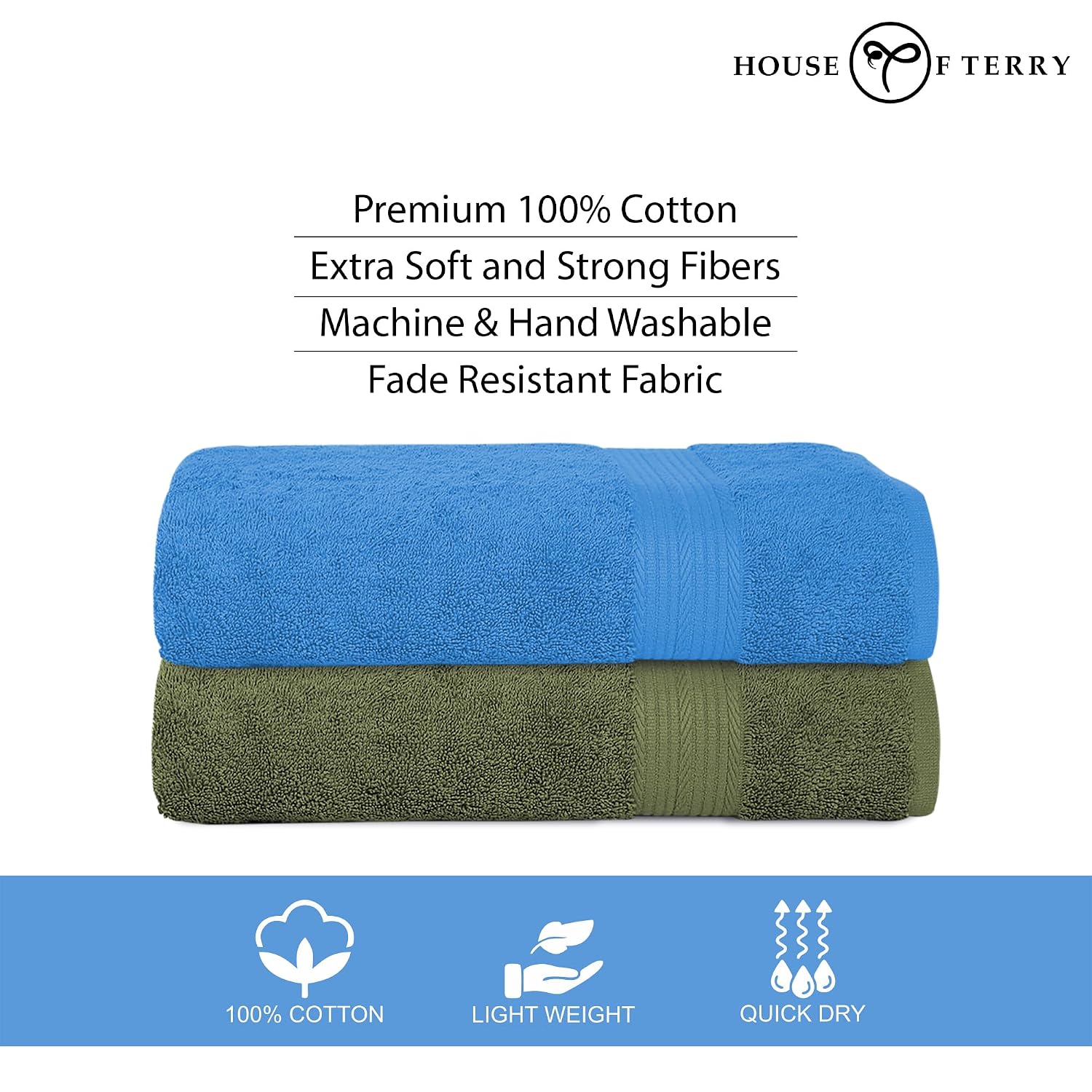 House Of Terry 100% Cotton Bath Towel 1000 Gsm | Quick Dry, Soft & Absorbent, Fade-Resistant, Skin-Friendly Large Size Towel (Olive Green & Blue) - Pack Of 2