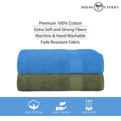 House Of Terry 100% Cotton Bath Towel 1000 Gsm | Quick Dry, Soft & Absorbent, Fade-Resistant, Skin-Friendly Large Size Towel (Olive Green & Blue) - Pack Of 2