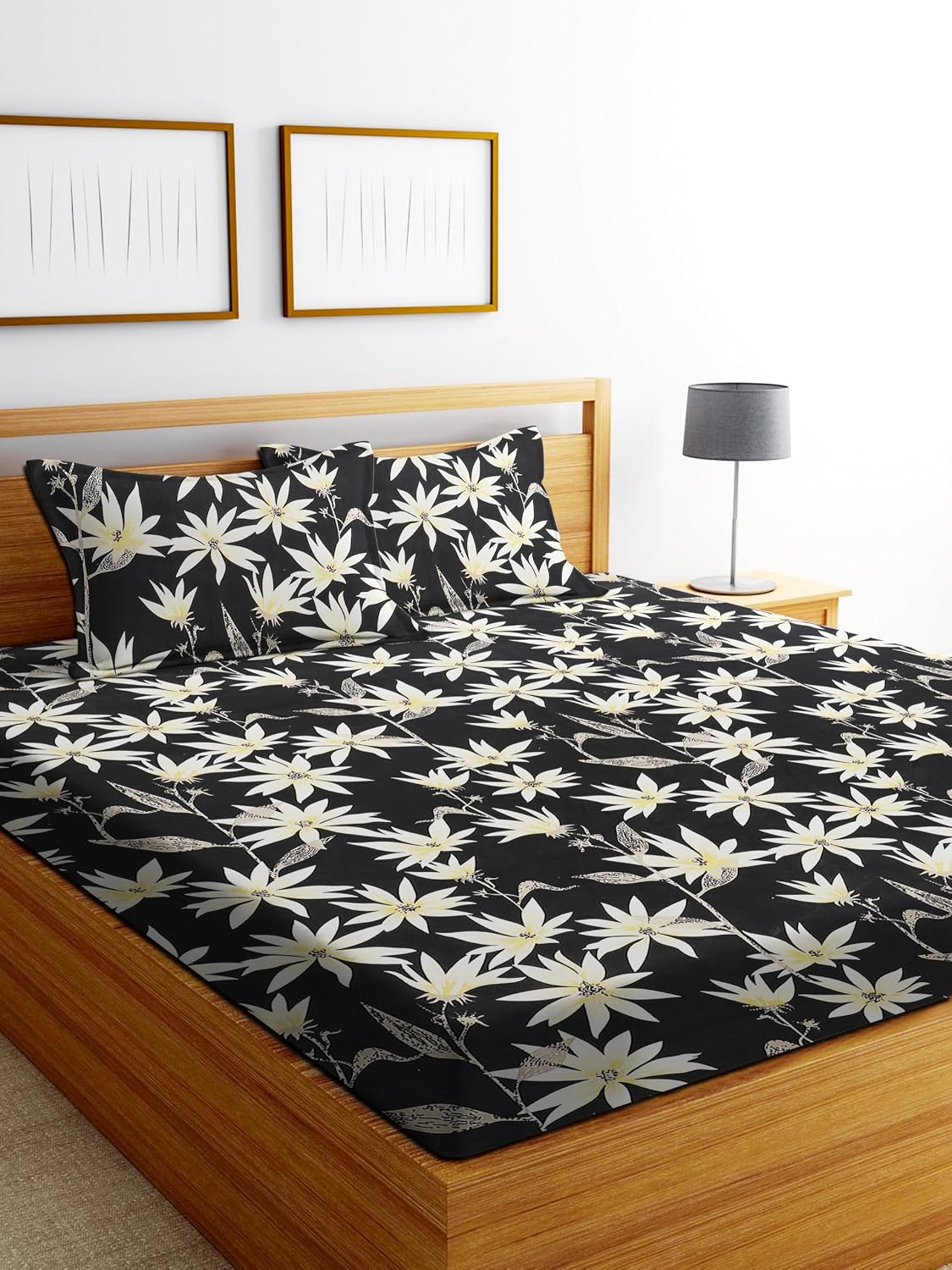 Printed Double Bedsheet 2 Matching Pillow Covers - 72 X 780 Inches, Black | Soft & Durable Bedding For Bedroom - Lightweight Perfect For All Seasons