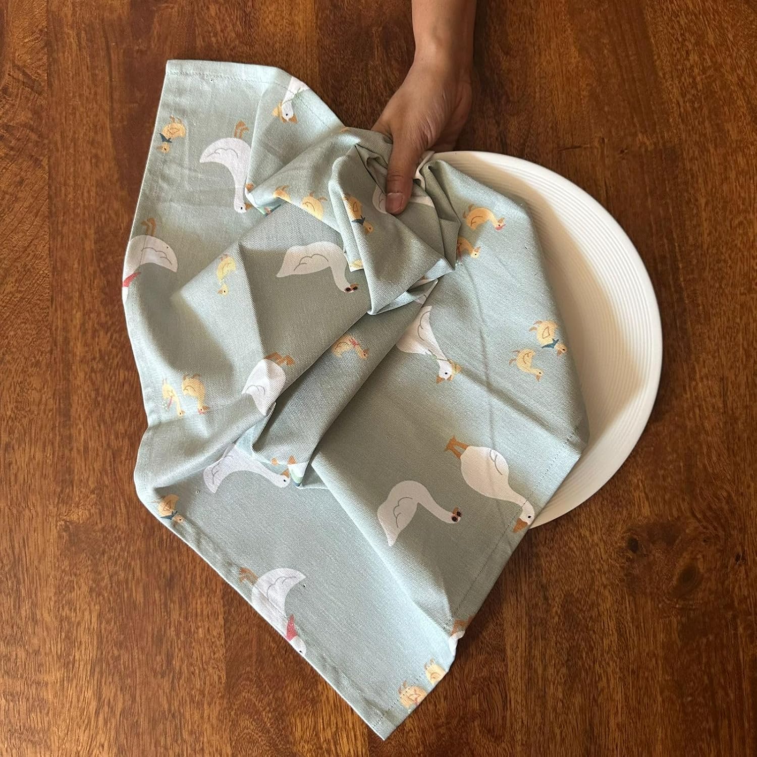 Oak & Lily 100% Cotton Kitchen Napkins Dish Towels 350 Gsm | Premium European Quality Washable, Large Size Kitchen Cloth For Roti, Cleaning, Drying | Green Duck (Set Of 3)