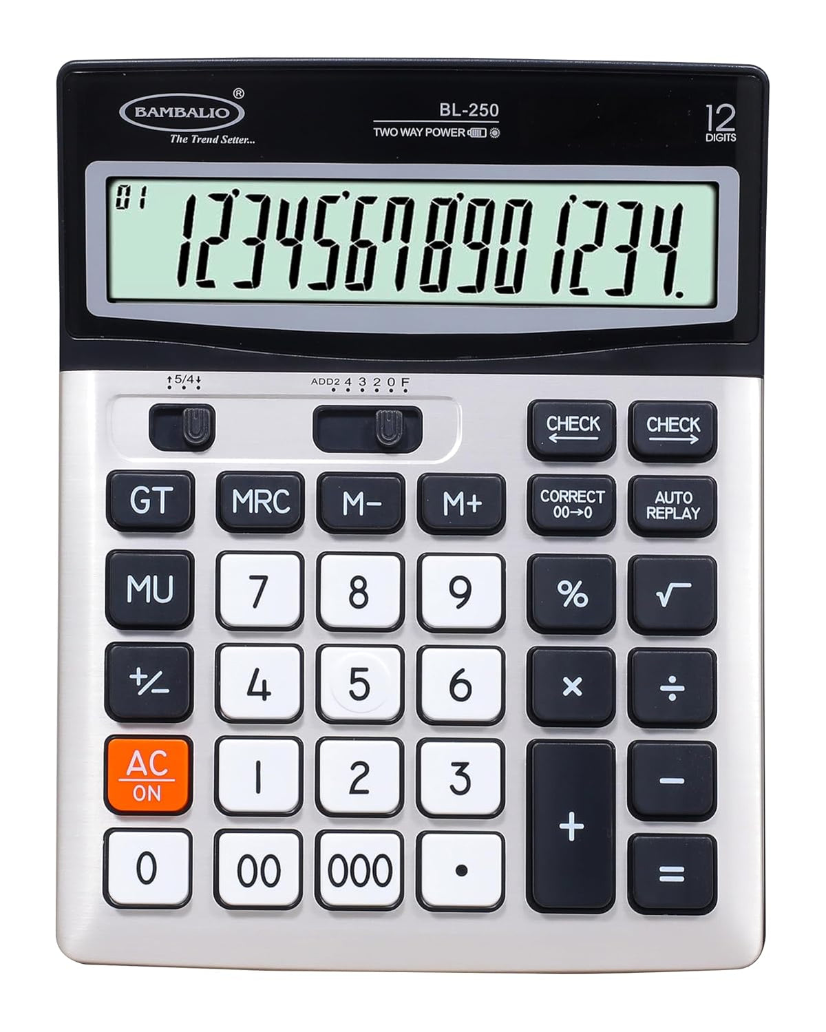Bambalio BL-250 Large Display With Metallic Panel & 3 Years Warranty Electronic Calculator With Key | 12 Digits-large LC Display ,120 Steps Check & Correct