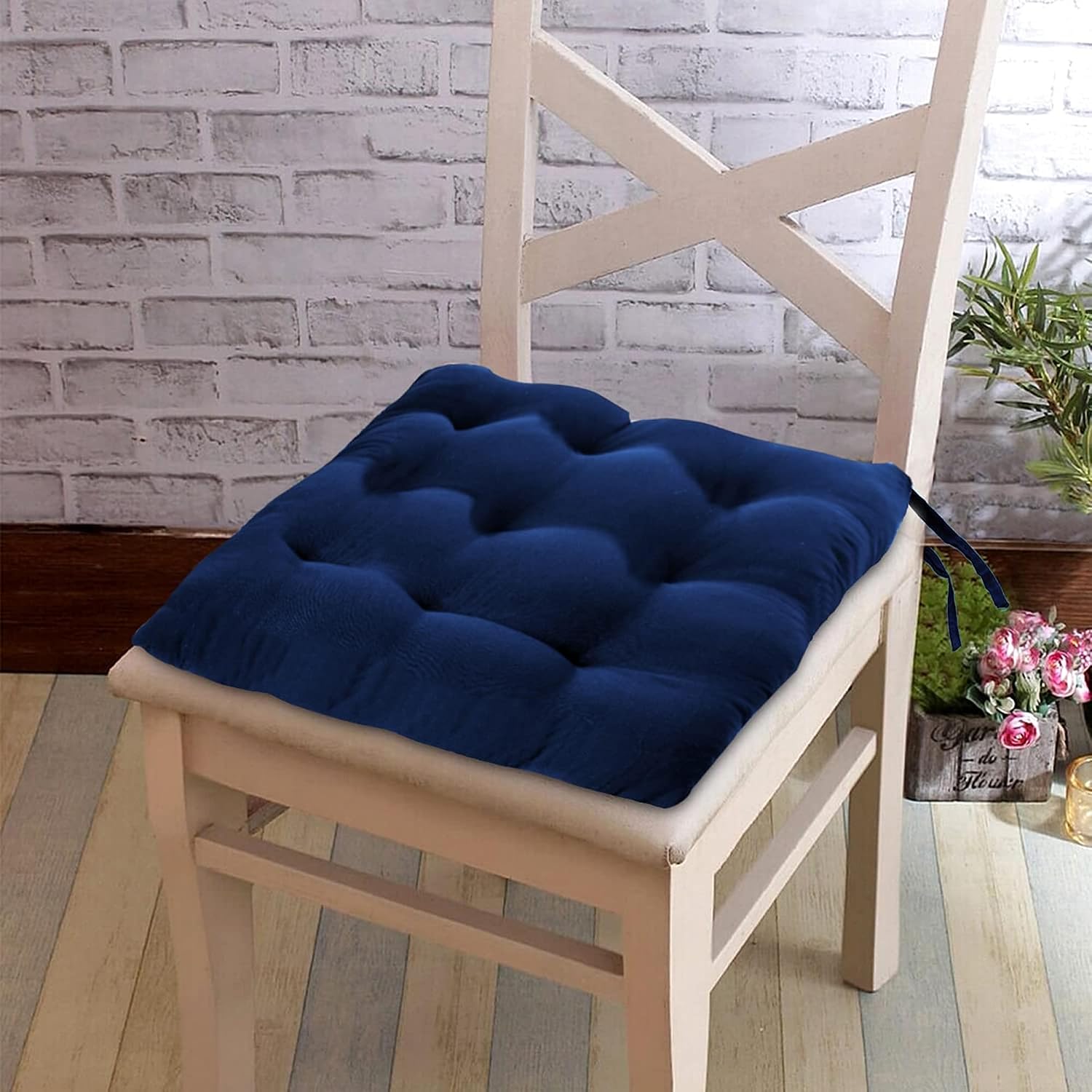 Chair Cushion Pad, Soft & Comfortable Sitting, Chair Pad - Navy Blue | Microfiber Square Chair Pad With Ties | Chair Seat Cushion For Office & Home | Furniture Cushion, Washable - Pack Of 4