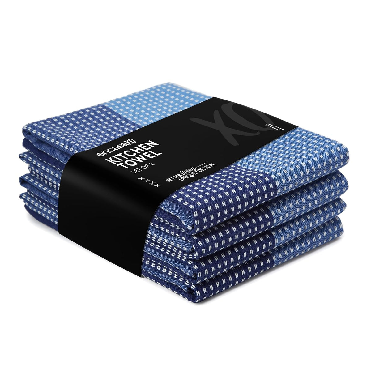 Encasa Xo Cotton Kitchen Towel 340 Gsm | Super Absorbent Tea Towels & Dish Cloths For Washing Up, Drying Dishes & Cleaning | Pack Of 4 (Blue)