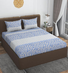 Queen Size Double Bedsheets With 2 Pillow Cover - Size 72 X 72 X 10 Inches, White & Blue | All Around Elastic Fitted - Lightweight, Soft & Comfortable