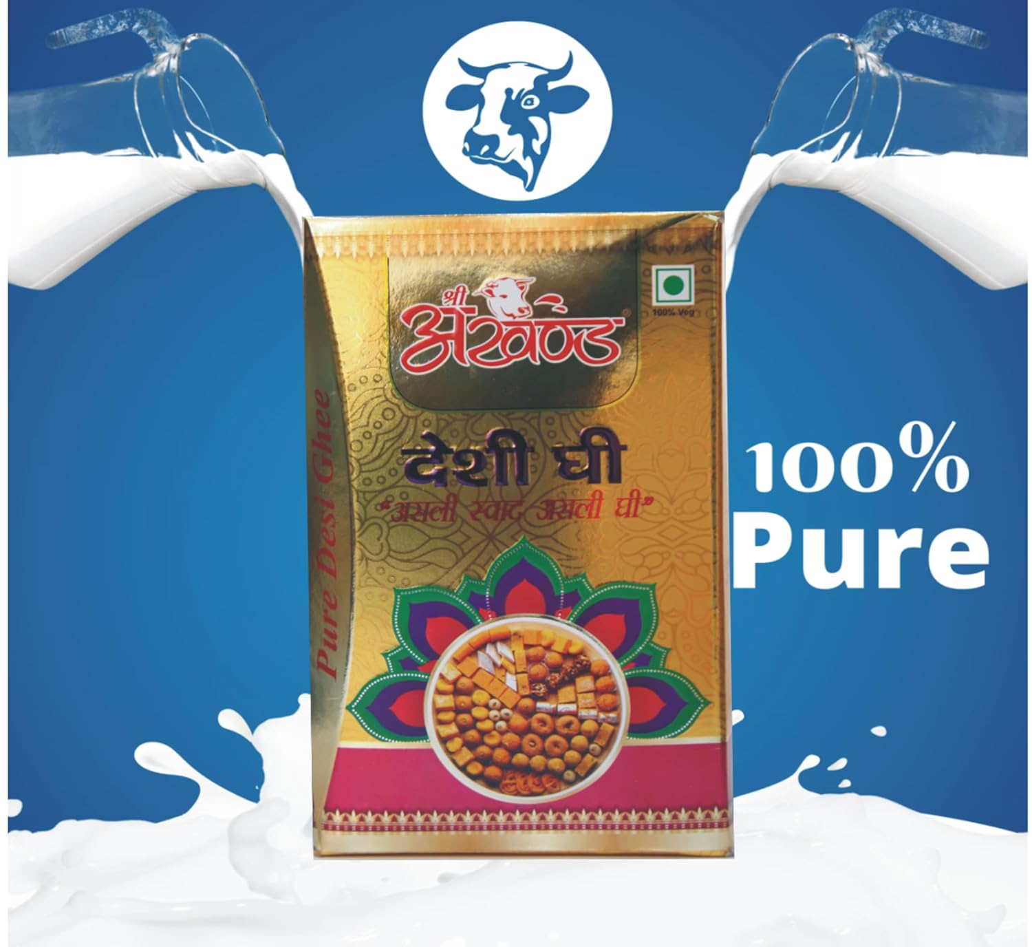 Organic Desi Ghee By Shri Akhand | Rich In Vitamins A, D, E & K Healthy Desi Ghee Good For Sweets | (500ml) 16.9 Ounce | Box Pack