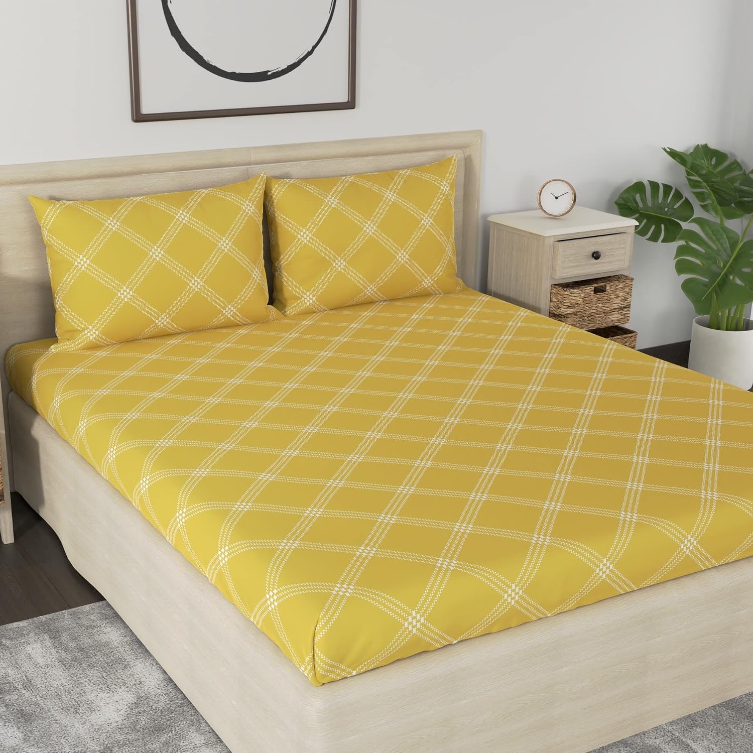 Cotton 210 TC Premium Queen Size For Bedsheet With 2 Pillow Covers - 88 X 100 Inches, Yellow | All Weather Comfort & Bedroom - Softness & Natural Breathability