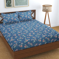 Printed Double Bedsheet With 2 Pillow Cover - 72 X 78 X 6 Inches, Blue | All Around Elastic Fitted Bedsheet | Super Soft Polycotton With 200 Thread Count
