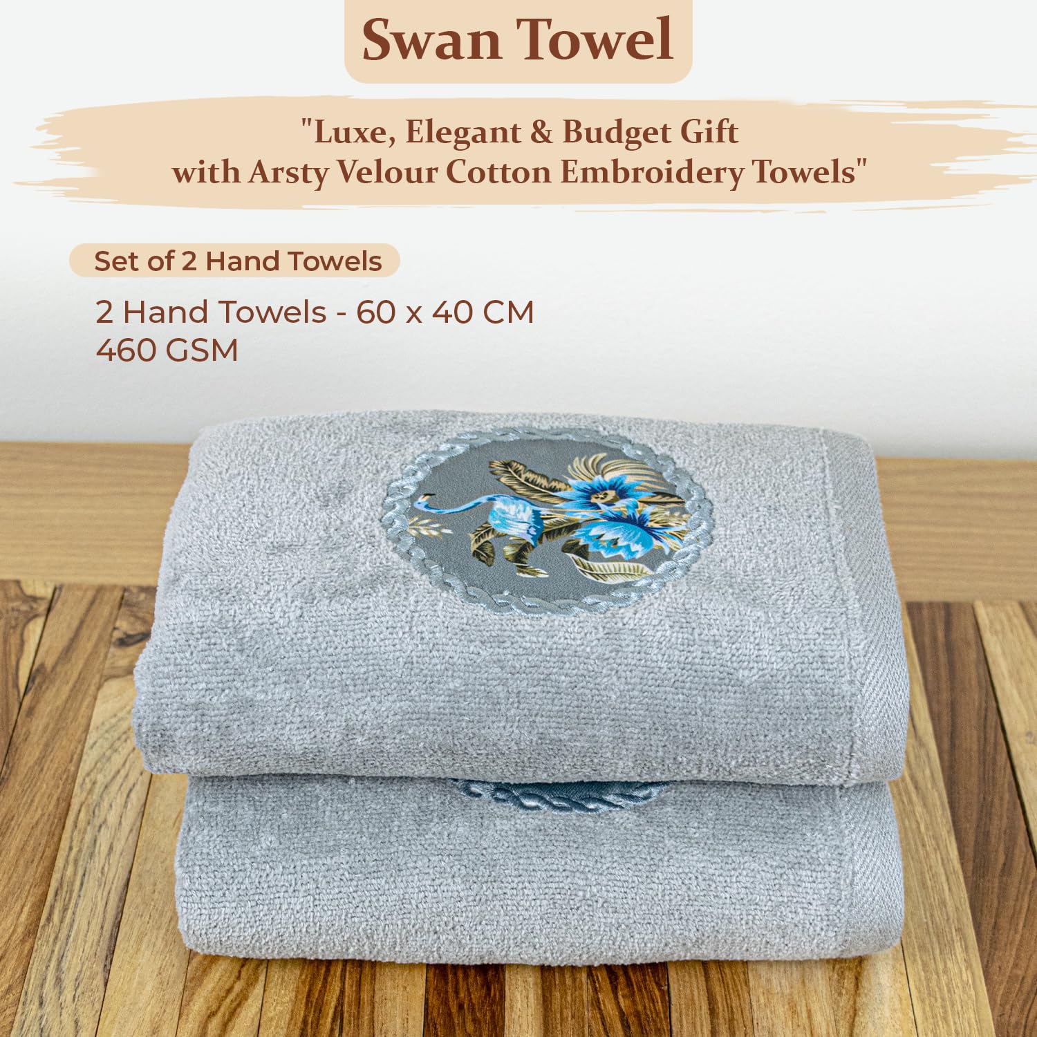 Akiko Home Prima Dream 100% Cotton Hand Towels 400 Gsm | Soft, Absorbent & Durable, Cotton Hand Towel | Pack Of 2 (Grey)