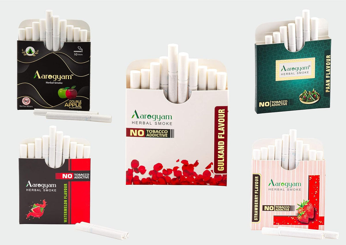 Aarogyam Herbals Tobacco & Nicotine Free Herbal Flavor Cigarette For Relieve Stress - Double Apple, Gulkand, Watermelon, Strawberry, Paan Masala Flavour - Pack Of 5 50 Sticks