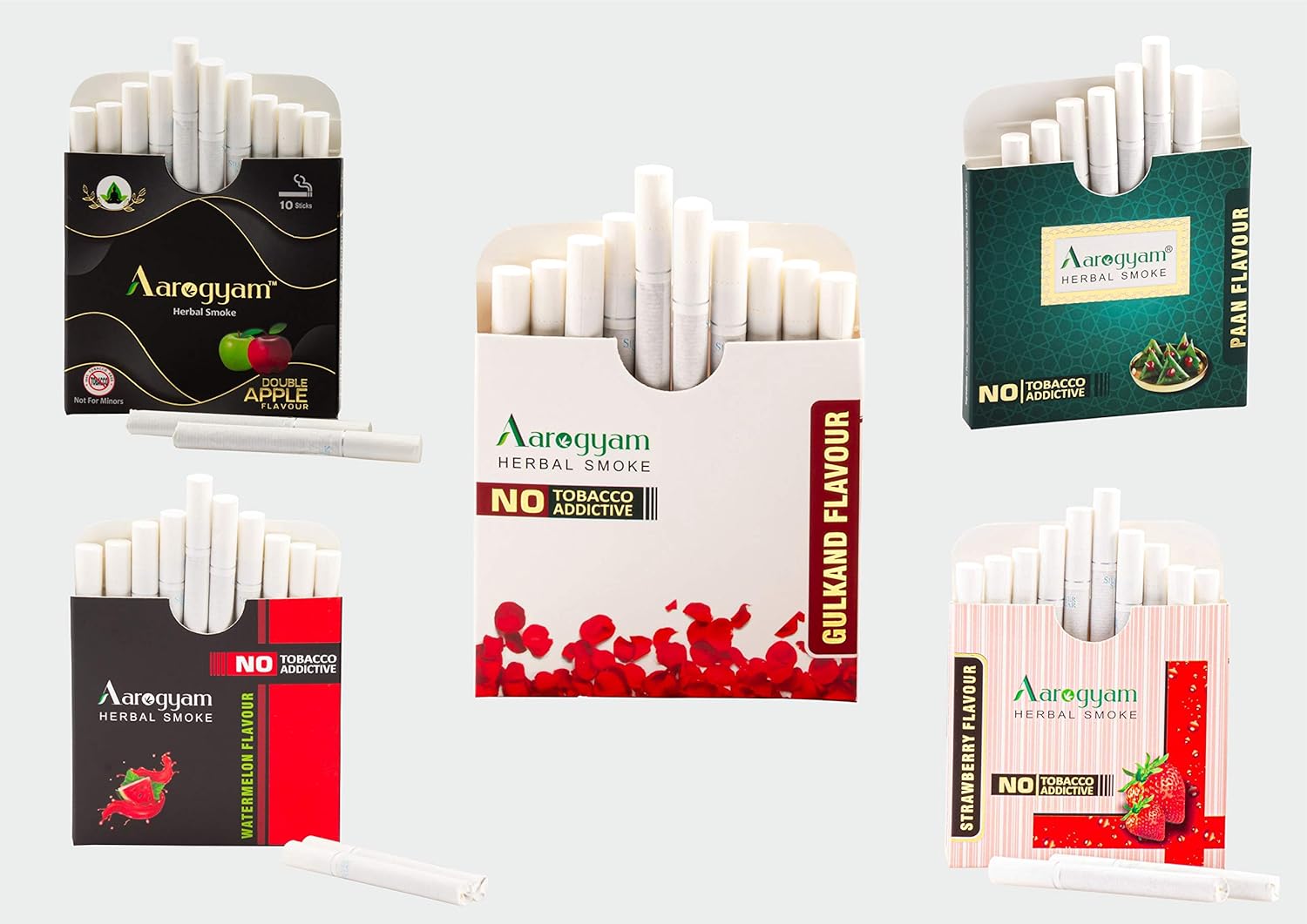 Aarogyam Herbals Tobacco & Nicotine Free Herbal Flavor Cigarette For Relieve Stress - Double Apple, Gulkand, Watermelon, Strawberry, Paan Masala Flavour - Pack Of 5 50 Sticks
