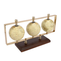 Triple Horizontal Globe, Decorative Globes With Stand, Accessories For Table, Desk Showpiece | Globes For Office, Shelves, Gifting, Home Decor (Gold / Hm Wood) Pack Of 1