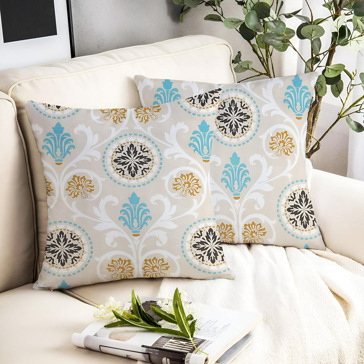 Microfiber Square Pillow Cushion For Sofa & Bed, Light Beige - 12 X 12 Inch | Damask Deign, Fluffy For Comfort & Back Support | Breathable, Premium Cotton Cushion Cover With Zip - Set Of 2
